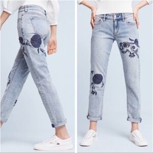 Anthropologie Light Wash Jeans with Navy Floral Embroidery